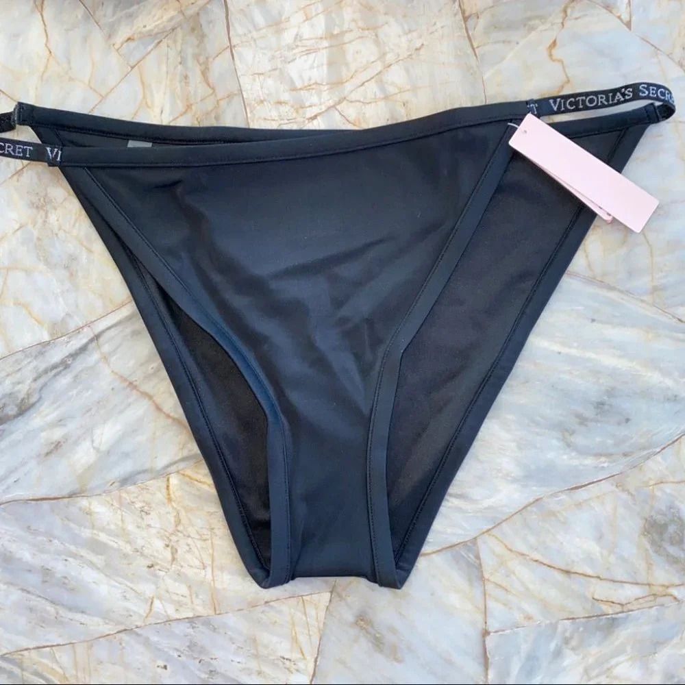 New VICTORIA‎ SECRET Malibu Fabulous Logo Strap Swim Bottoms Black large
